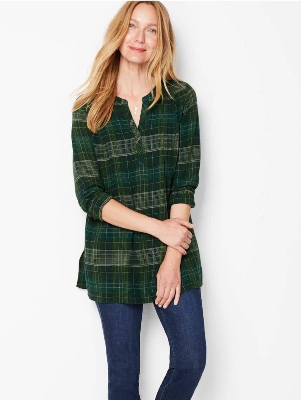 J. Jill Green Plaid Pintuck Pleated Back Split Neck Textured Tunic Blouse Large